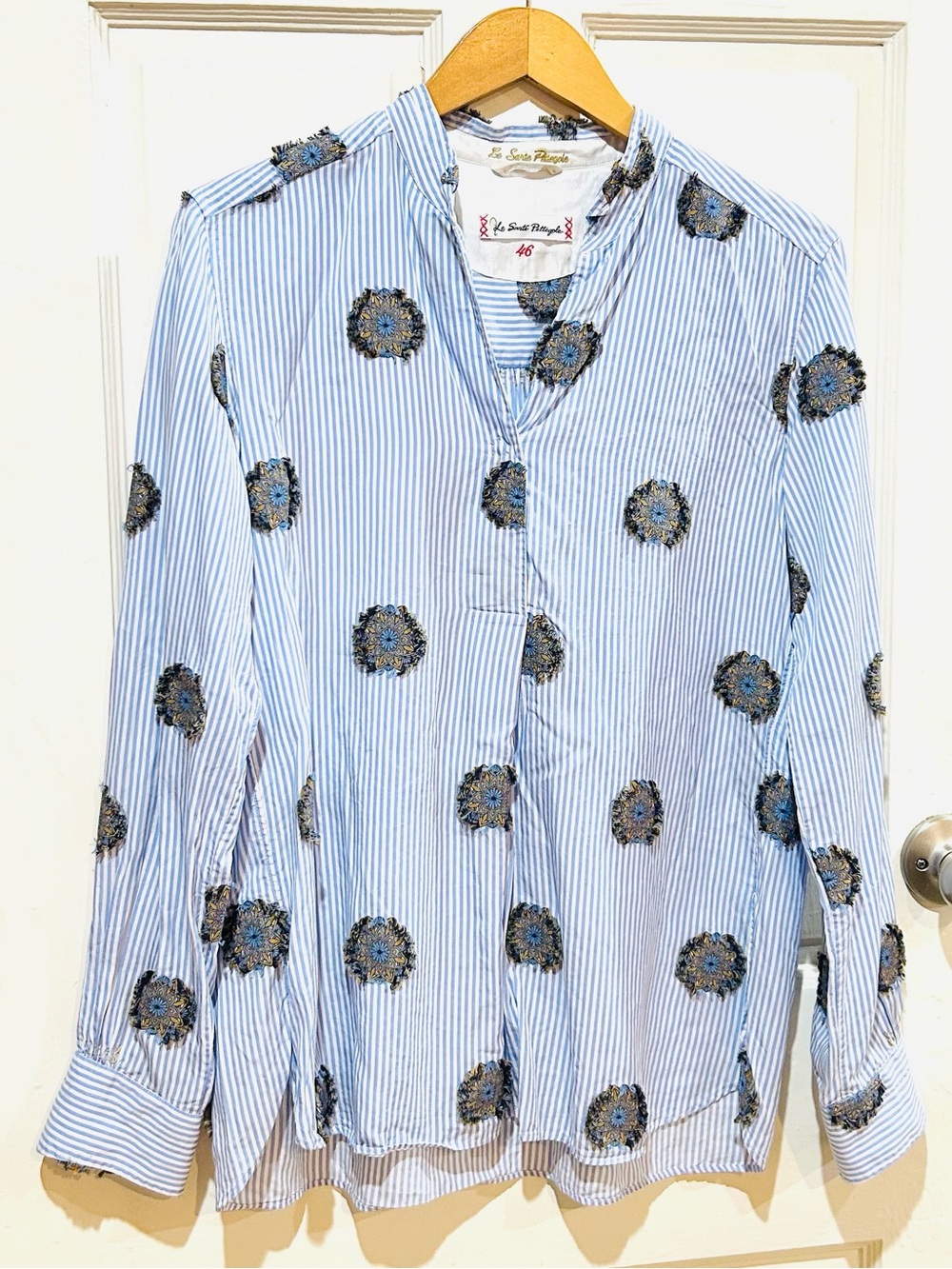 Le Sarte Pettegole Pinstripe Appliqué Pullover Blouse Preppy Designer 46IT/10US